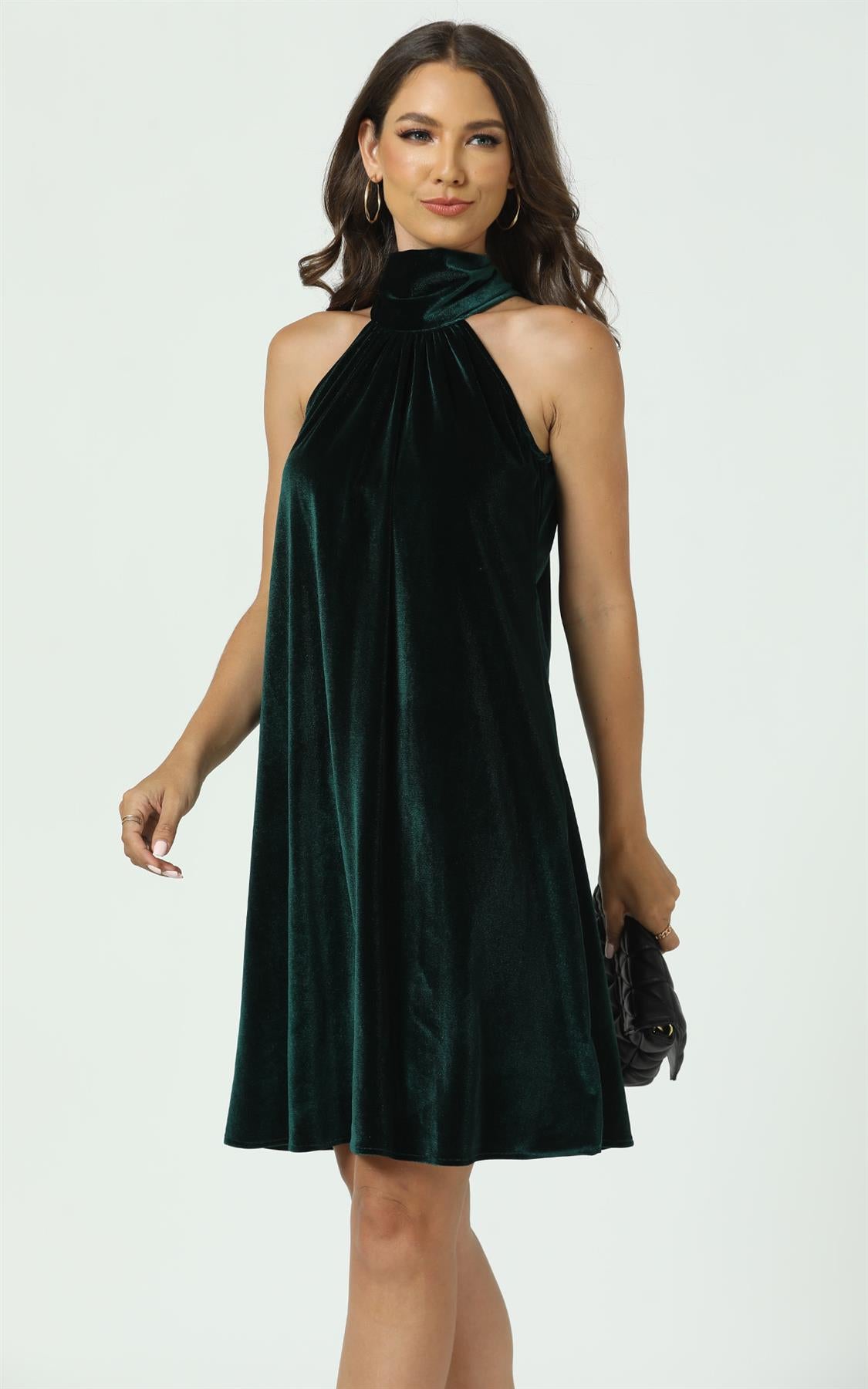 Velvet Halter Neck Tie Back Mini Dress In Dark Green - AXON