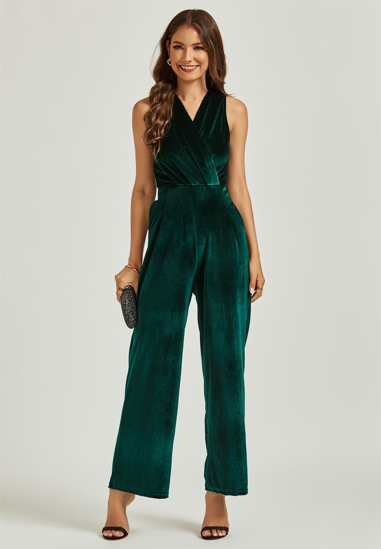 Velvet Wrap Jumpsuit In Green - AXON