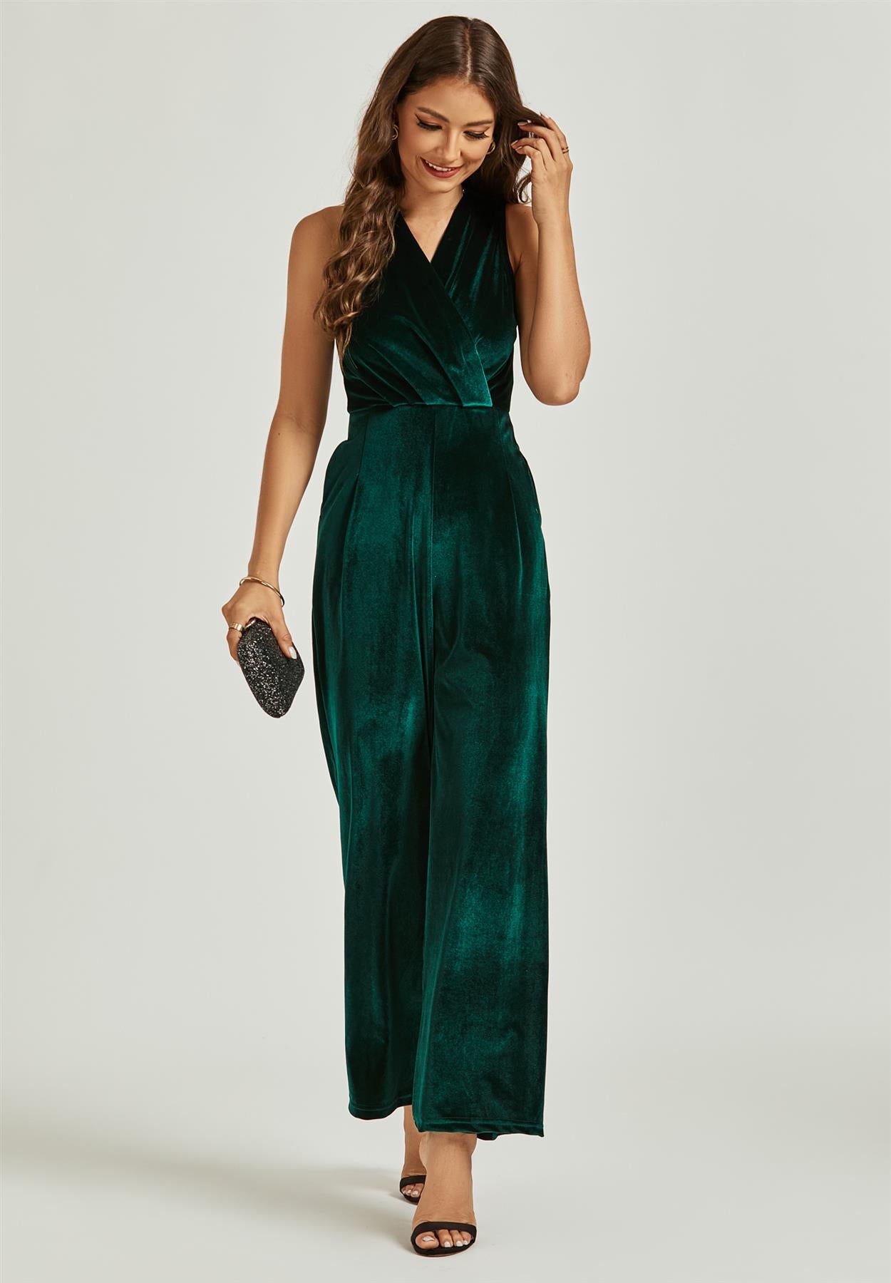 Velvet Wrap Jumpsuit In Green - AXON