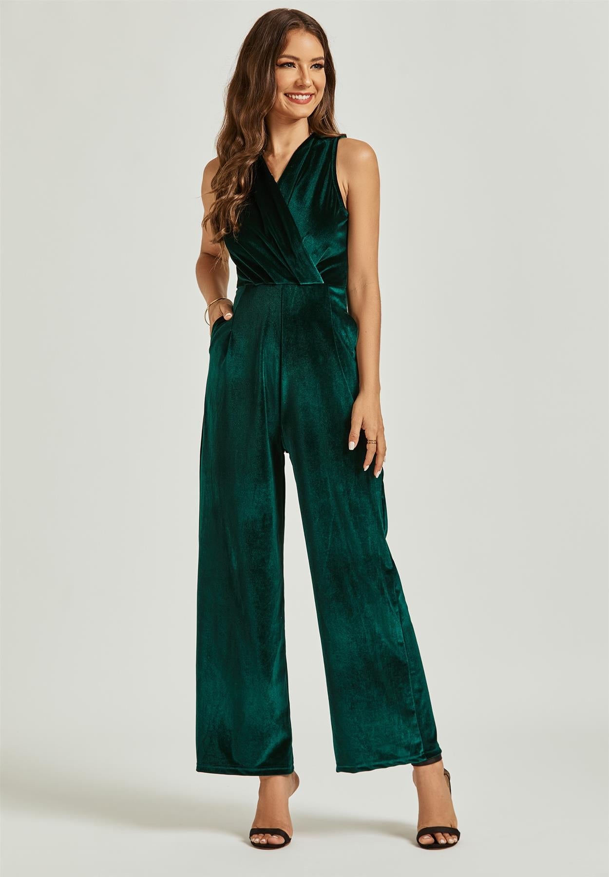 Velvet Wrap Jumpsuit In Green - AXON