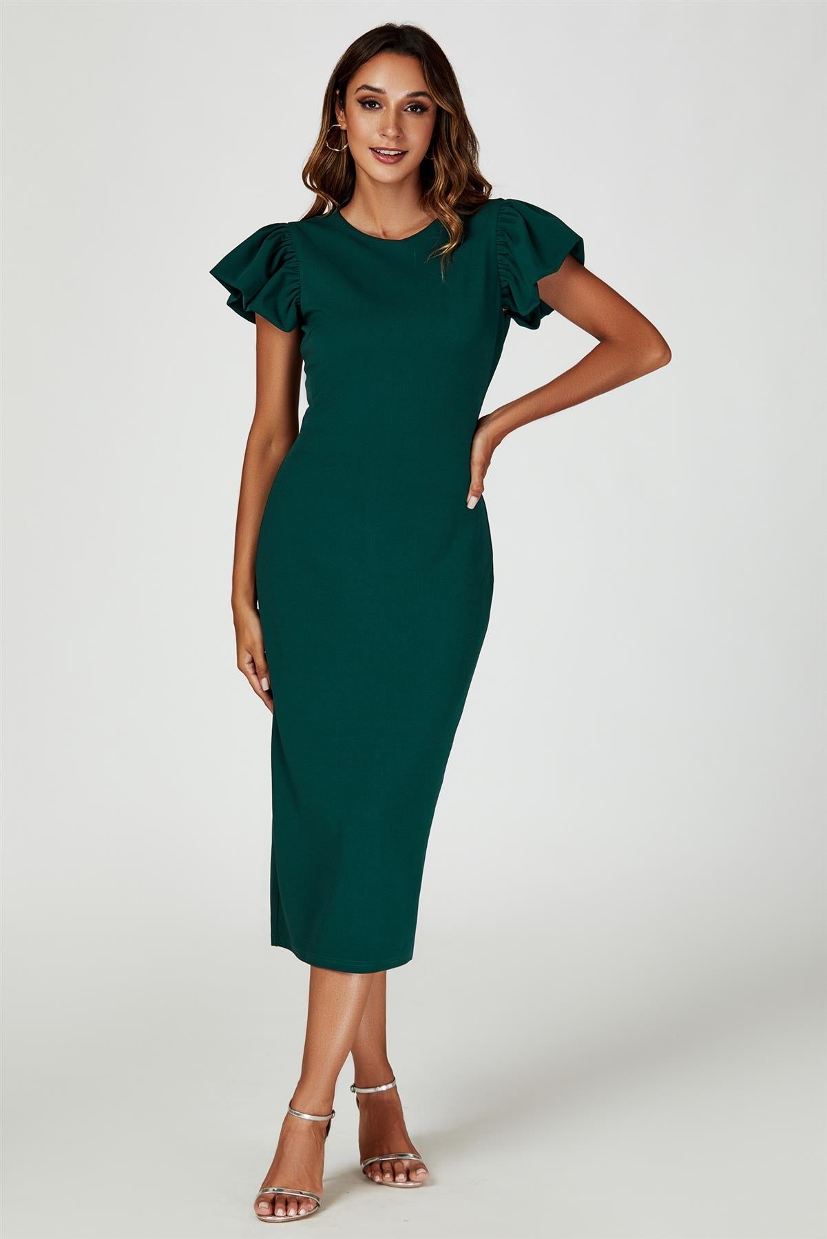 Volume Sleeve Bodycon Midi Dress In Green - AXON
