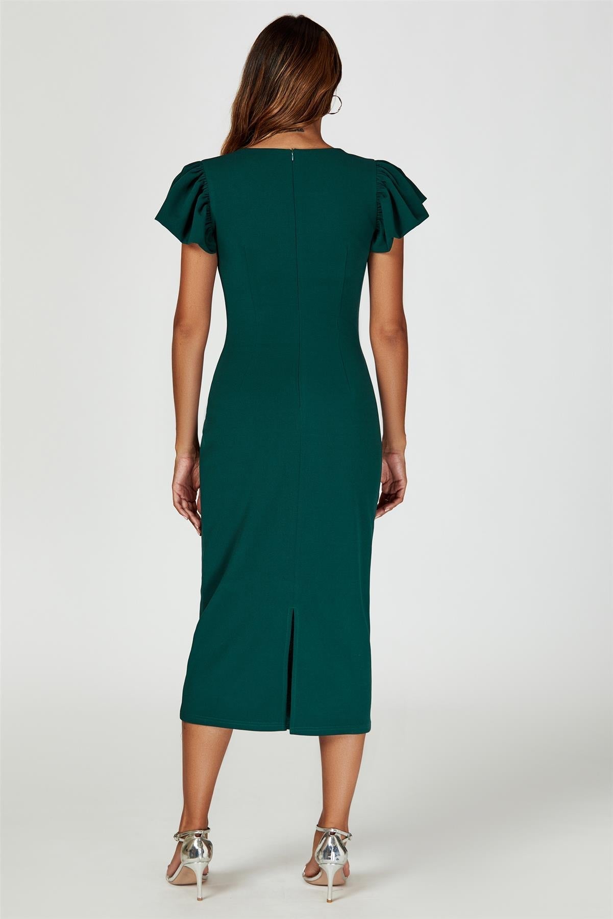 Volume Sleeve Bodycon Midi Dress In Green - AXON