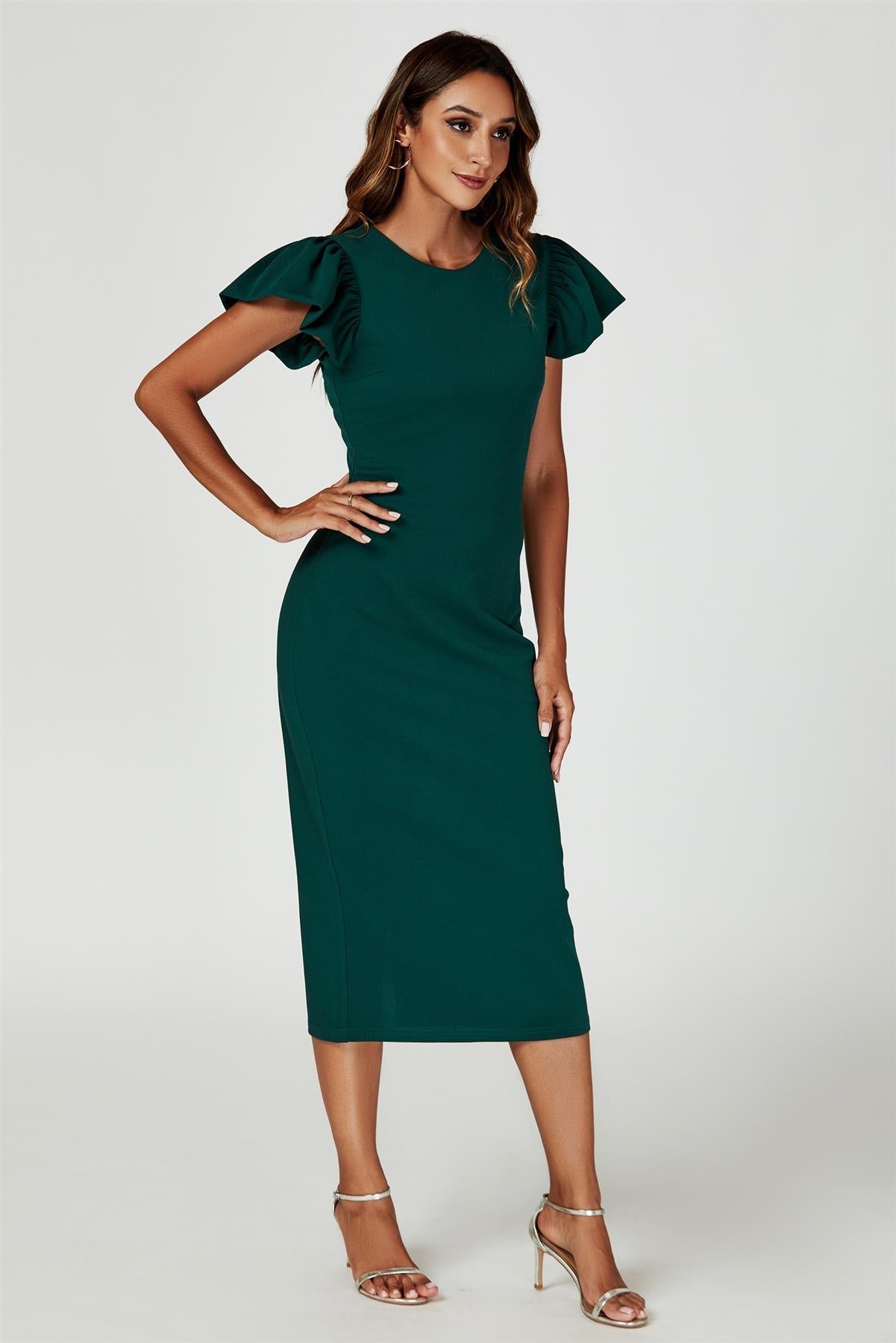 Volume Sleeve Bodycon Midi Dress In Green - AXON