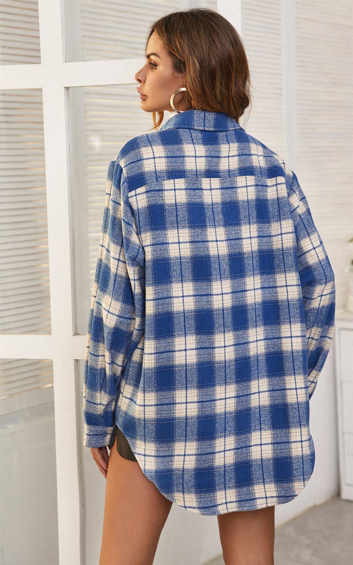 White Brushed Check Oversized Pocket Detail Shacket Shirt Jacket In Blue - AXON