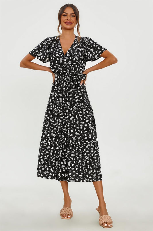 White Floral Print Hem Tiered Wrap Midi Dress In Black - AXON
