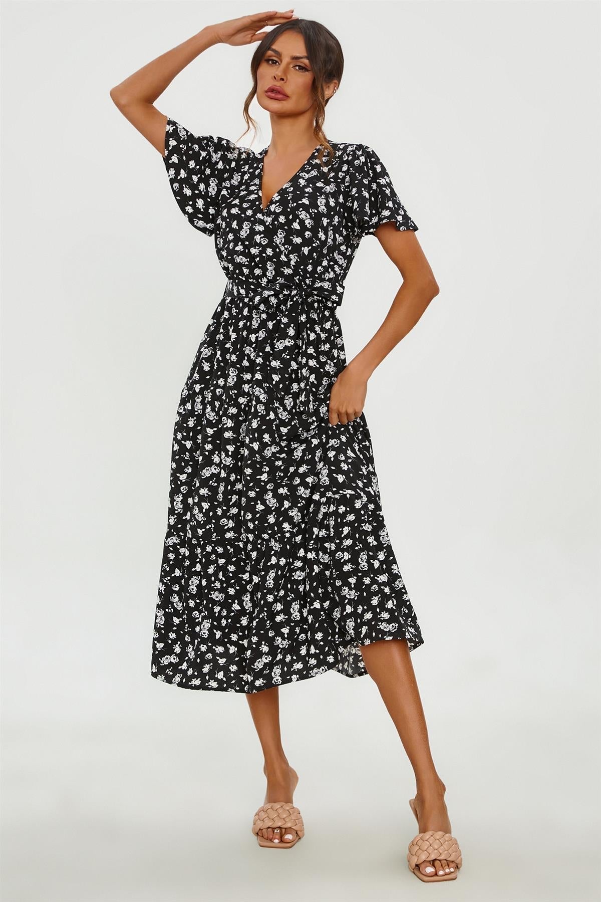 White Floral Print Hem Tiered Wrap Midi Dress In Black - AXON