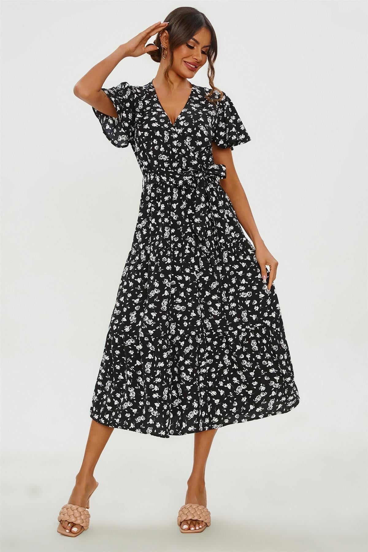 White Floral Print Hem Tiered Wrap Midi Dress In Black - AXON