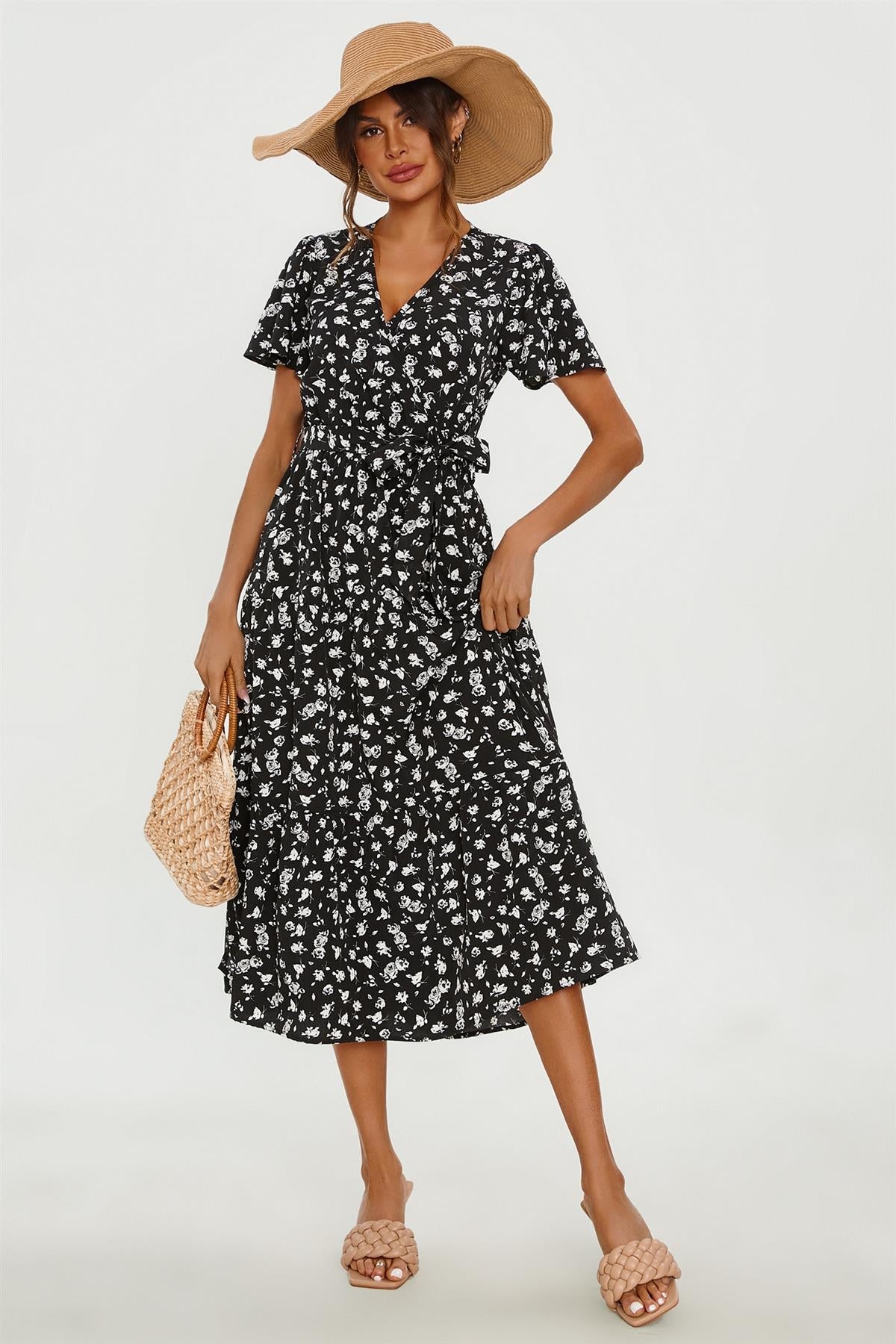 White Floral Print Hem Tiered Wrap Midi Dress In Black - AXON