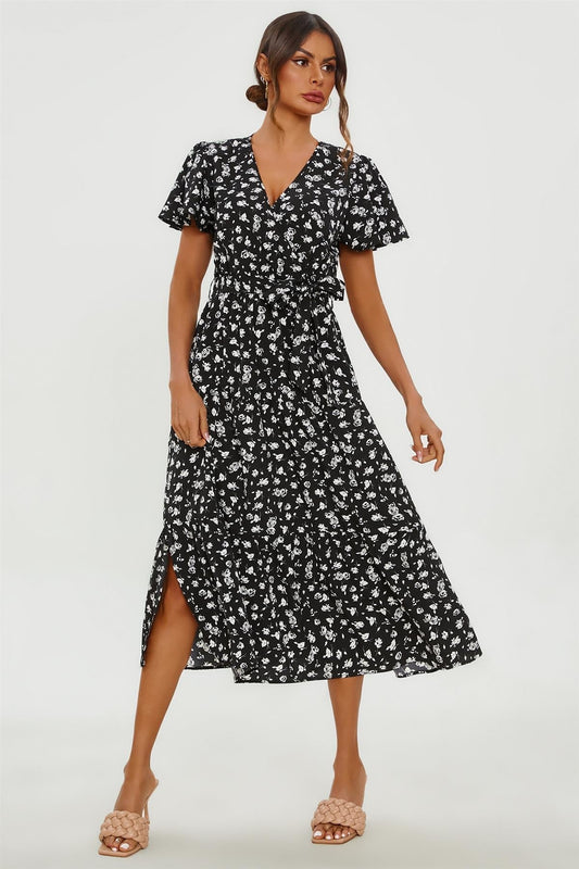 White Floral Print Hem Tiered Wrap Midi Dress In Black - AXON