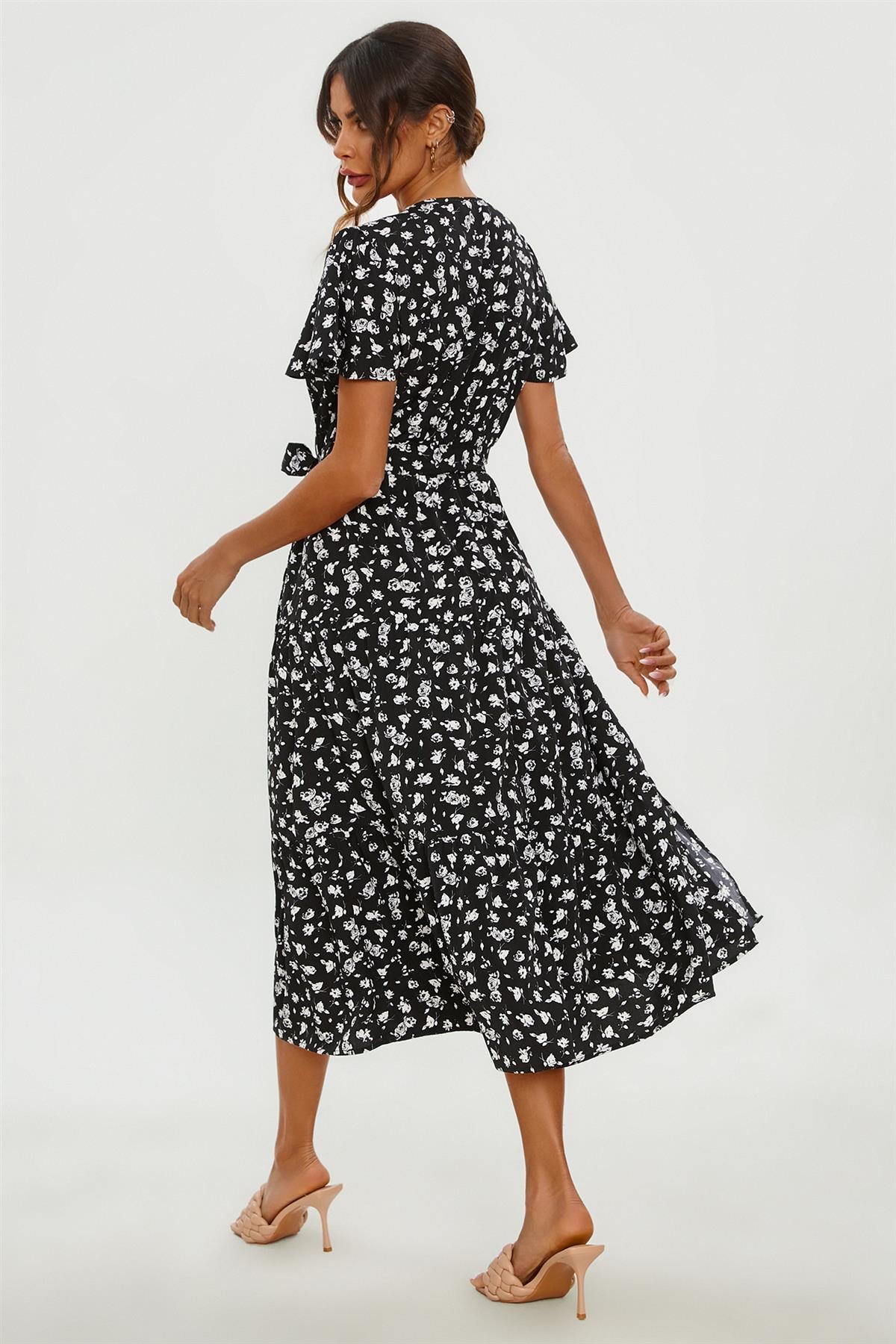White Floral Print Hem Tiered Wrap Midi Dress In Black - AXON