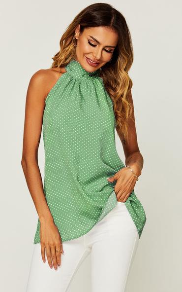 White Polka Dot Print Halter Neck Tie Back Top In Green - AXON