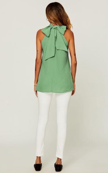 White Polka Dot Print Halter Neck Tie Back Top In Green - AXON