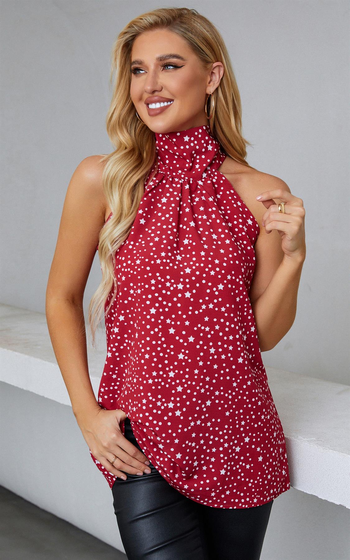White Star Print Halter Neck Tie Back Top In Red - AXON