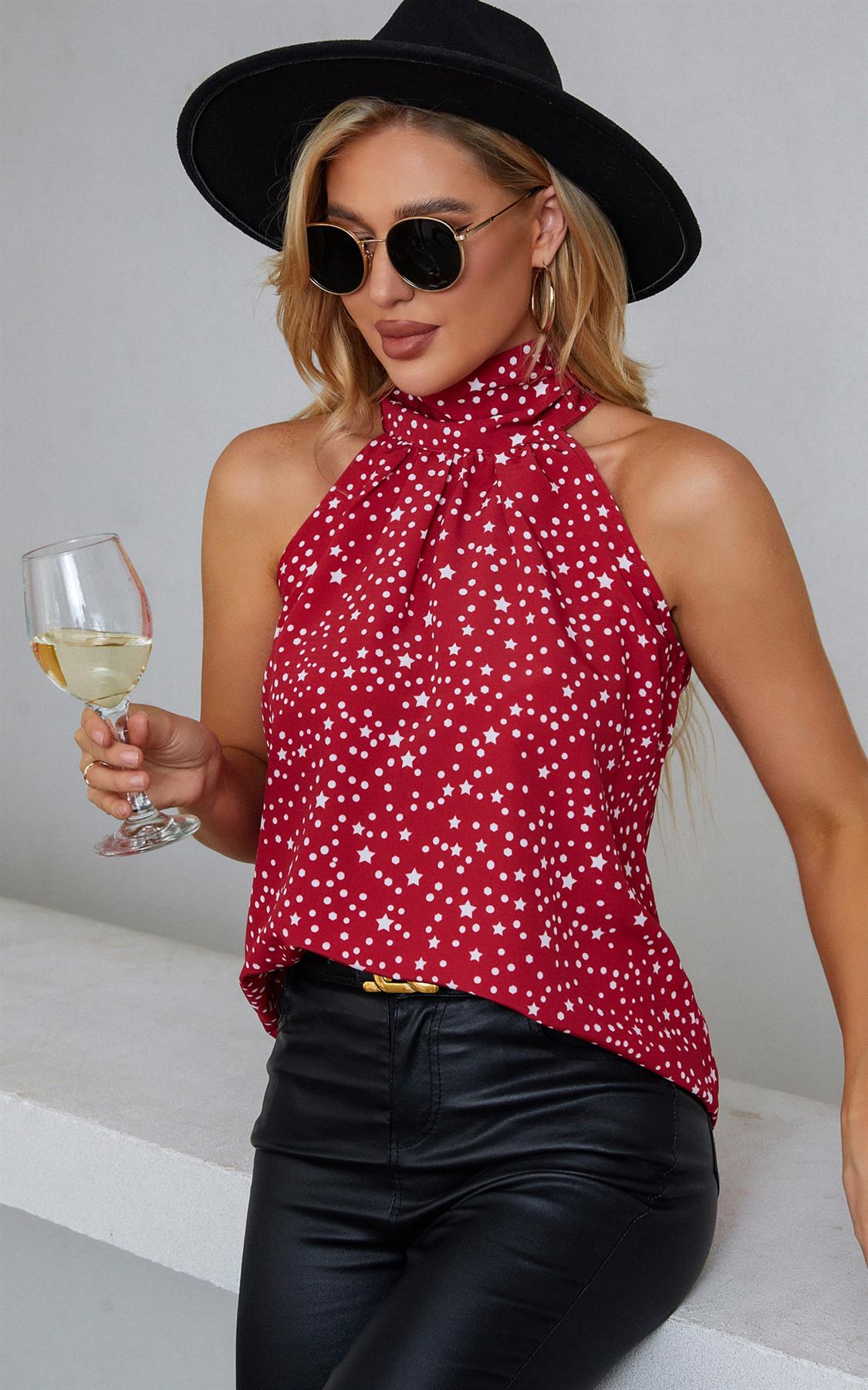 White Star Print Halter Neck Tie Back Top In Red - AXON