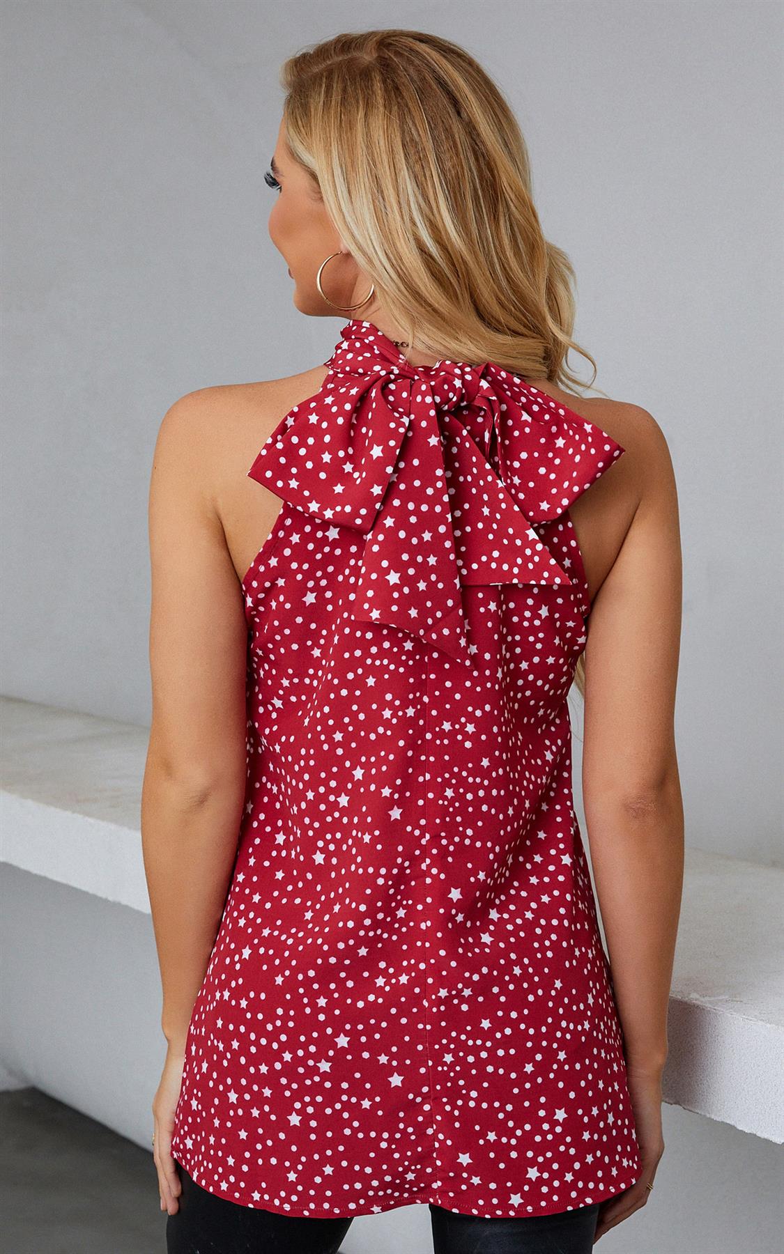 White Star Print Halter Neck Tie Back Top In Red - AXON