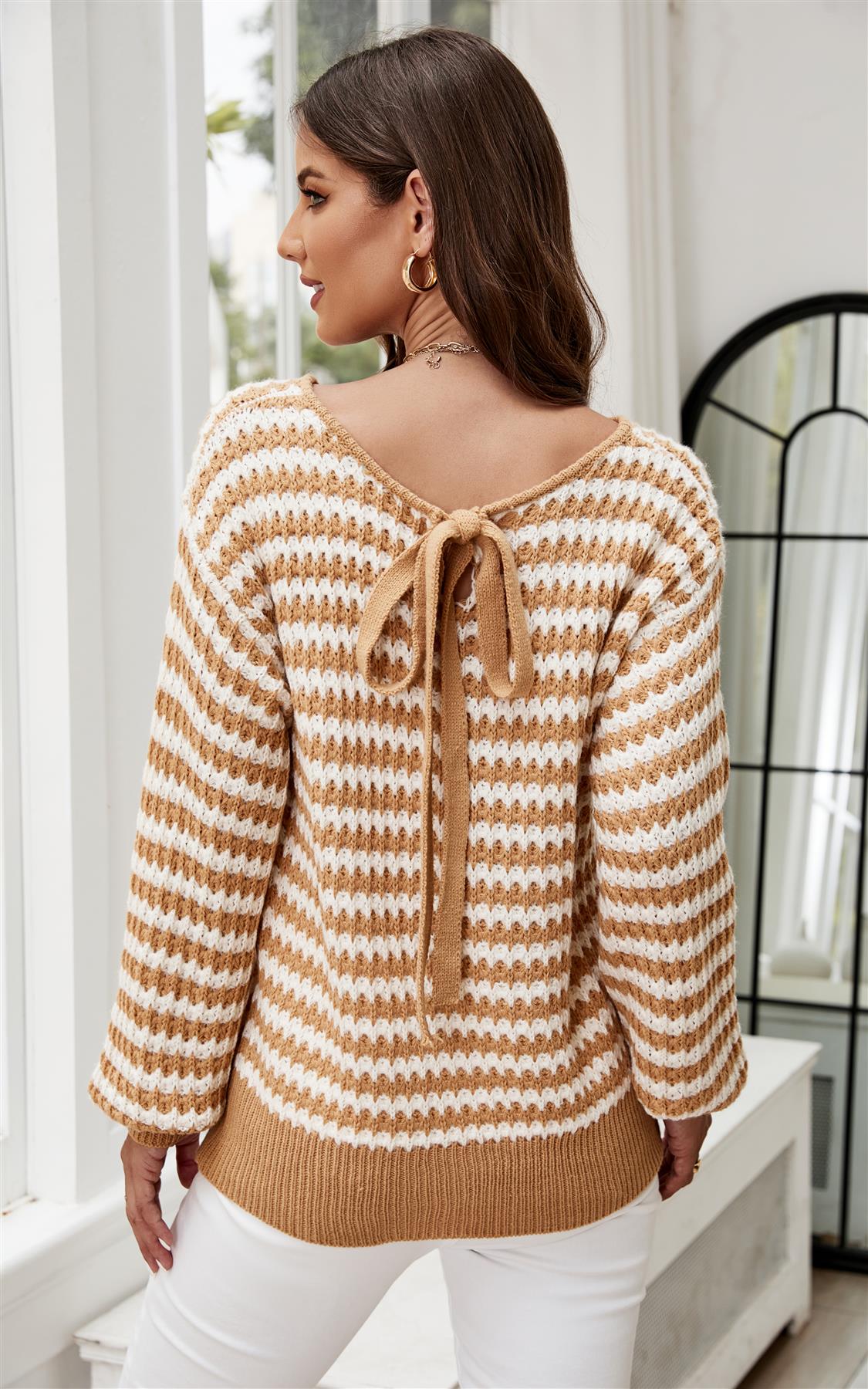 White Stripe Relaxed Knit Jumper Top In Camel - AXON