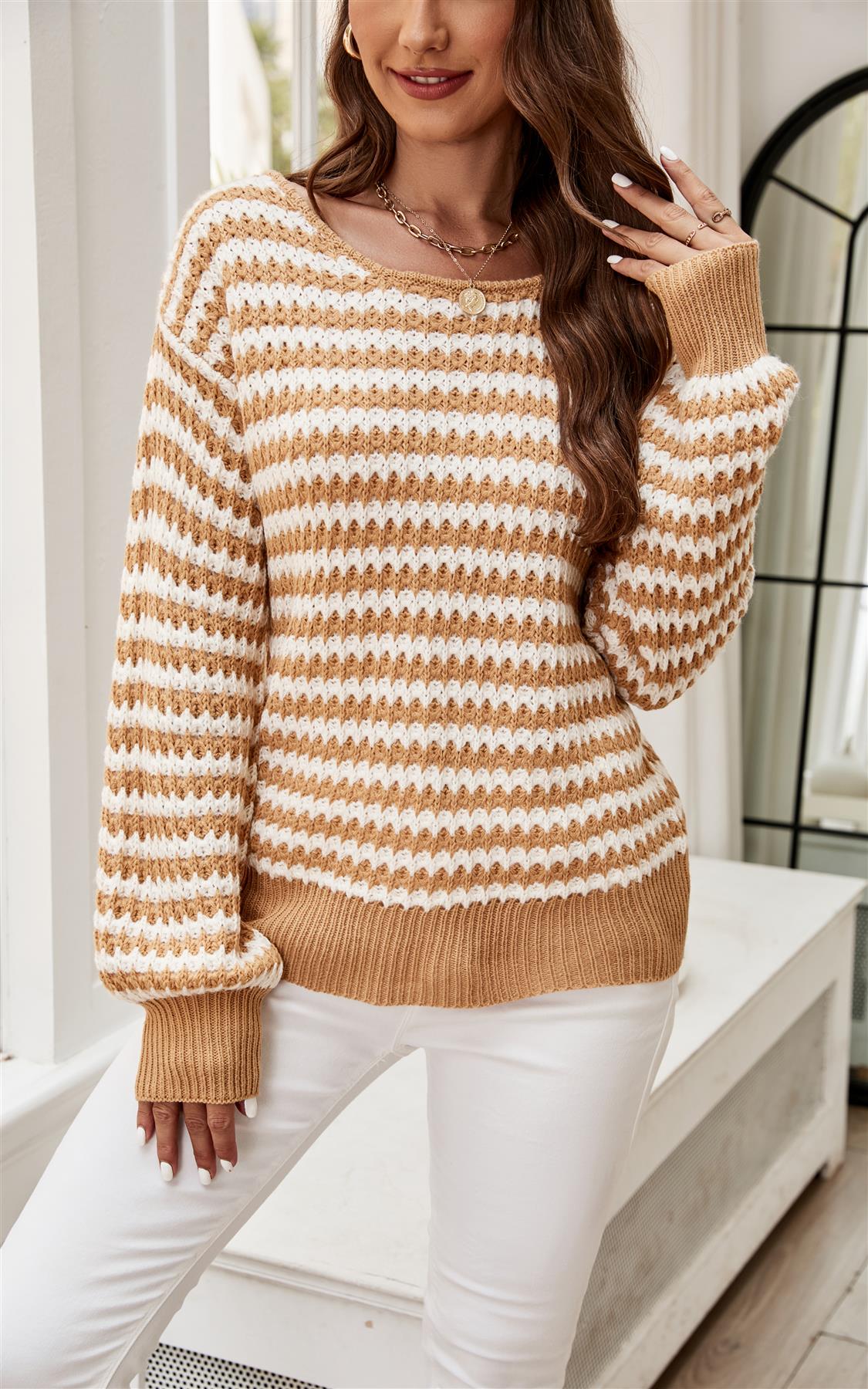 White Stripe Relaxed Knit Jumper Top In Camel - AXON