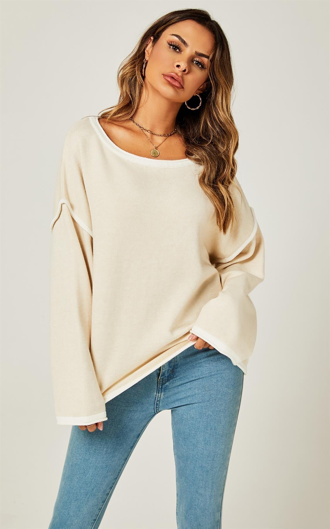 White Striped Oversized Jumper Top In Beige - AXON