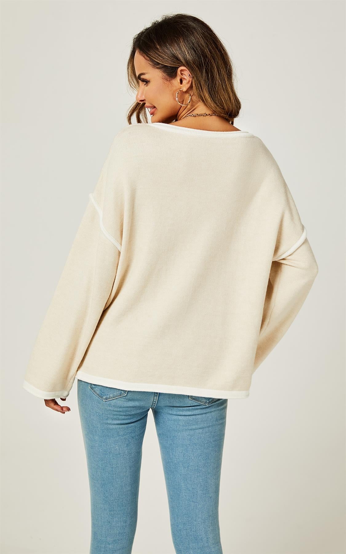 White Striped Oversized Jumper Top In Beige - AXON