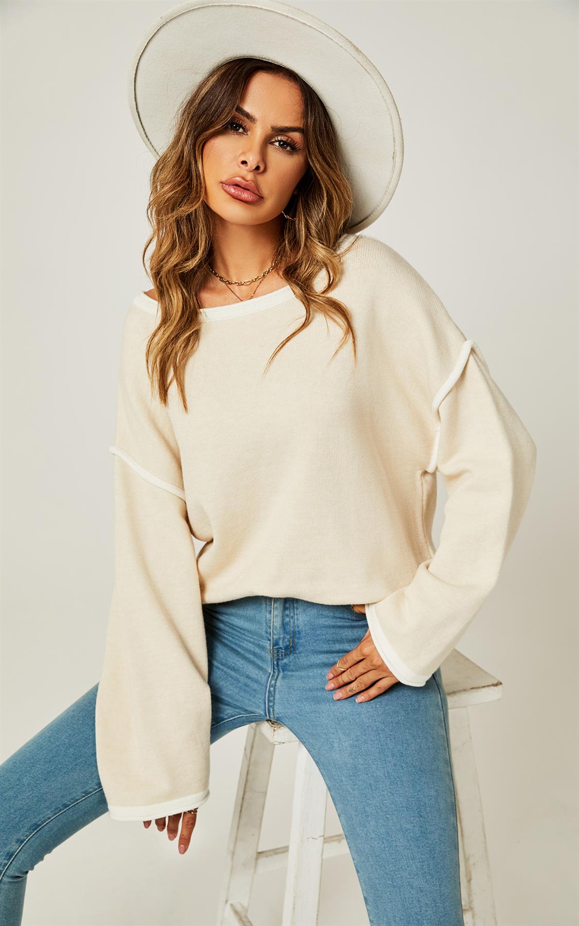White Striped Oversized Jumper Top In Beige - AXON