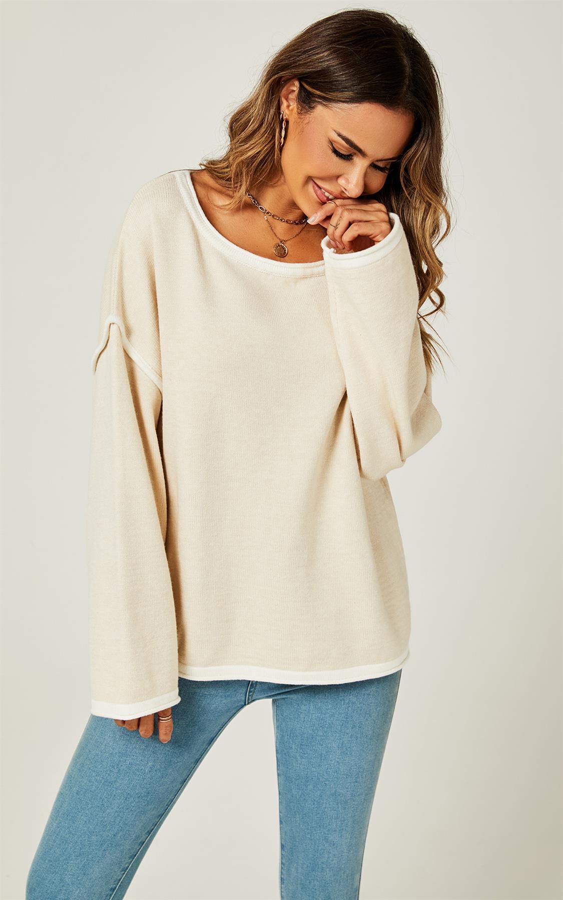 White Striped Oversized Jumper Top In Beige - AXON