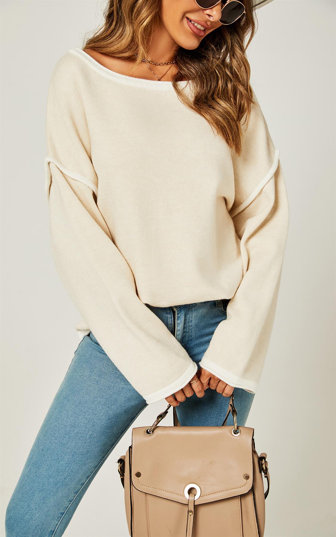 White Striped Oversized Jumper Top In Beige - AXON