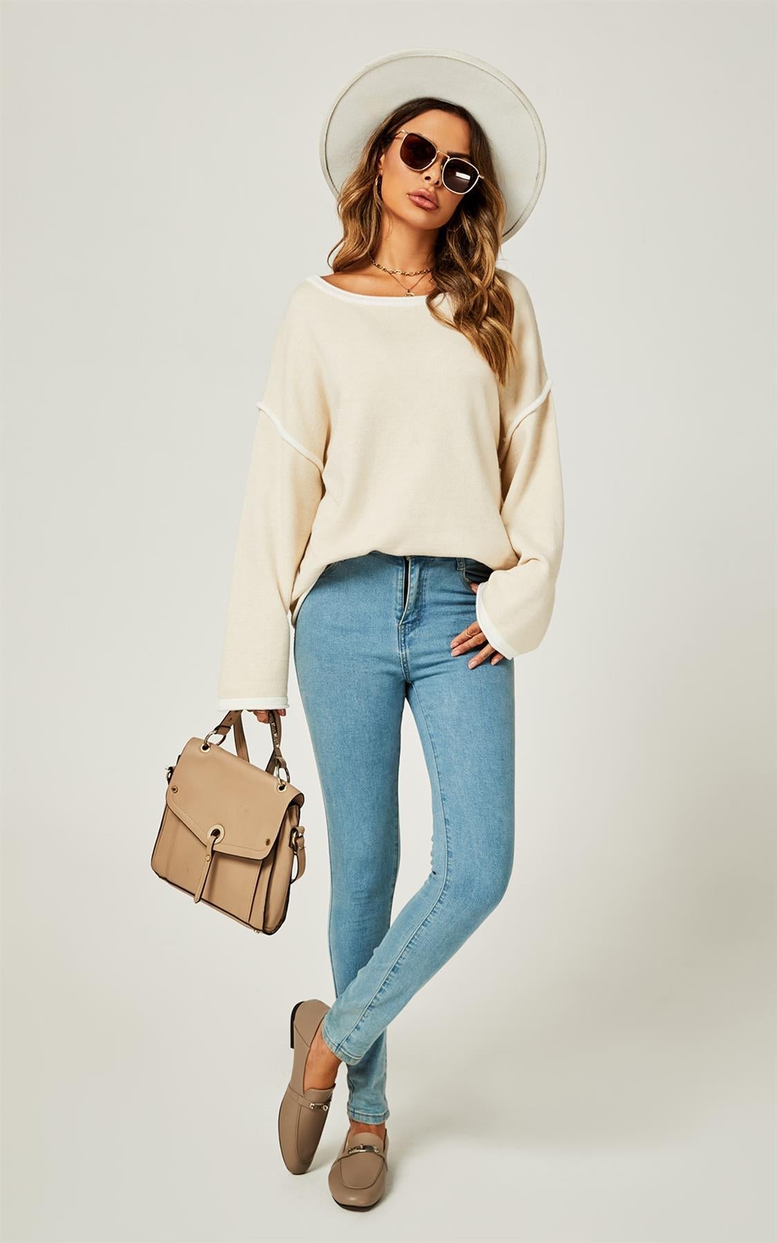 White Striped Oversized Jumper Top In Beige - AXON