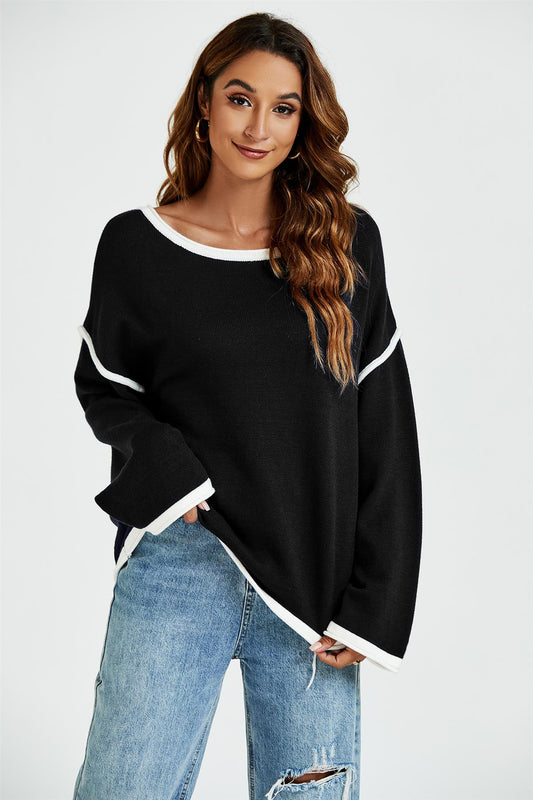 White Striped Oversized Jumper Top In Black - AXON