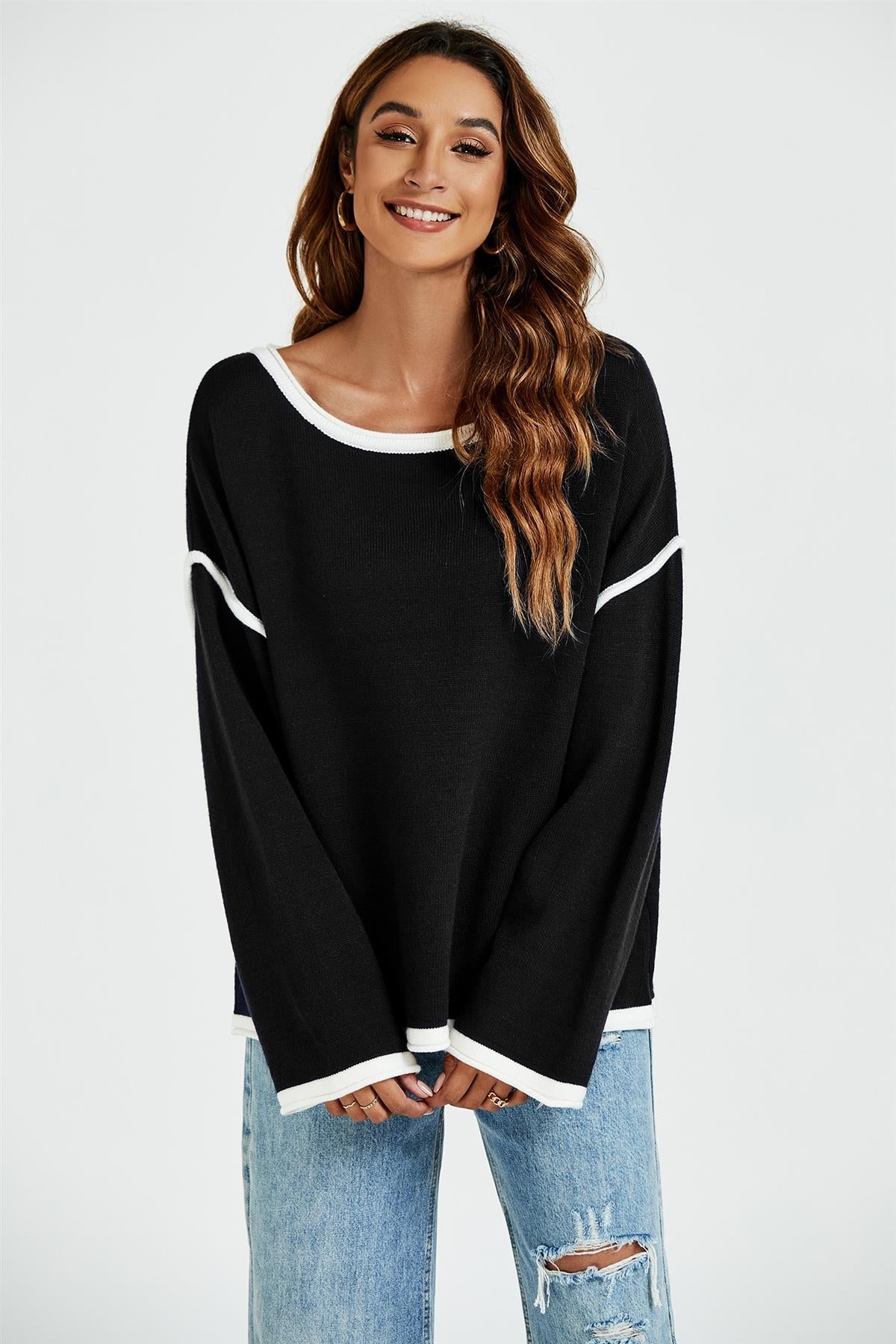White Striped Oversized Jumper Top In Black - AXON