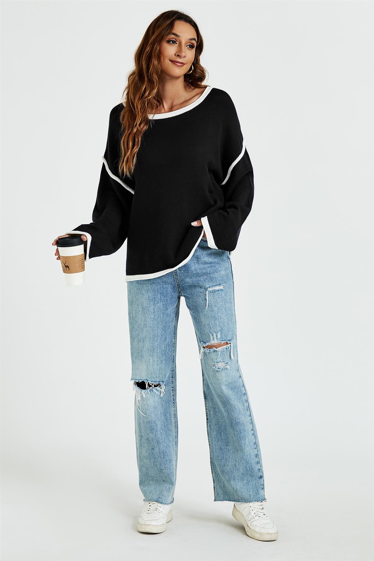 White Striped Oversized Jumper Top In Black - AXON