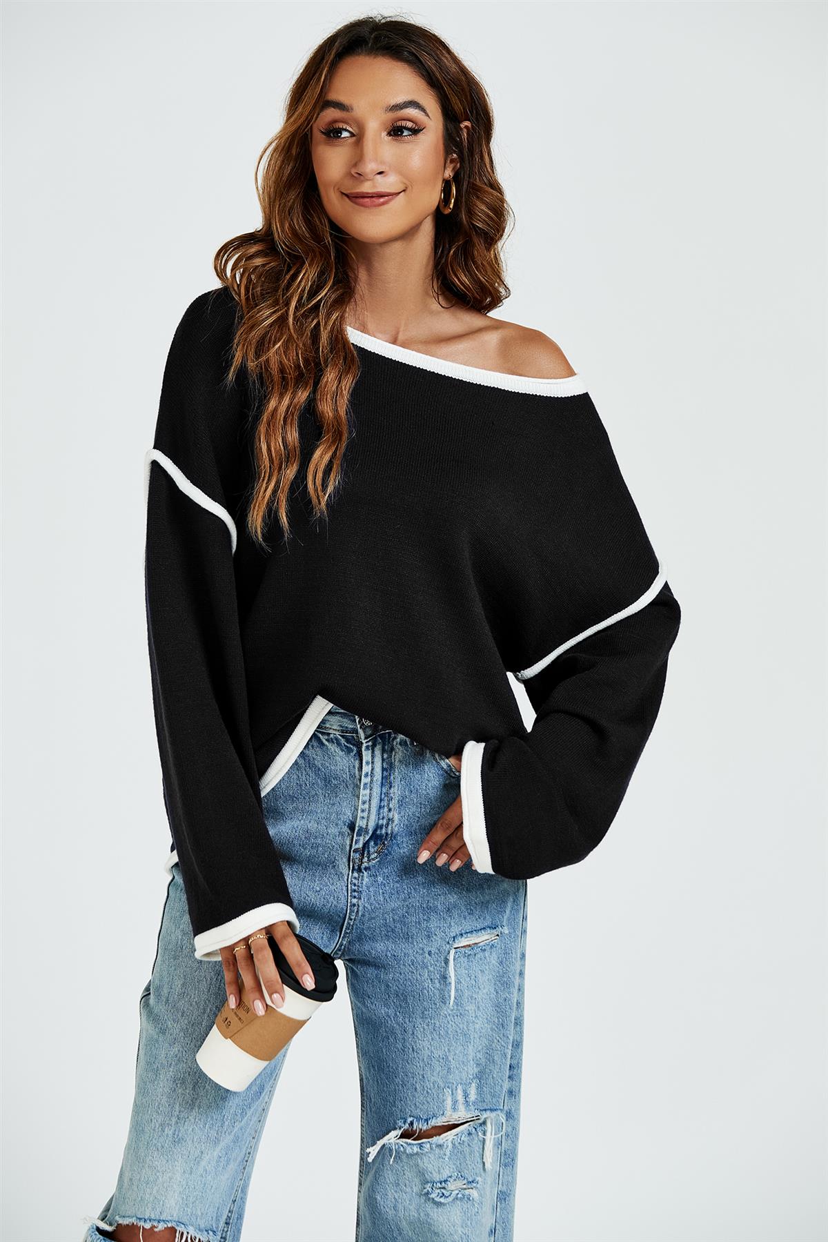 White Striped Oversized Jumper Top In Black - AXON
