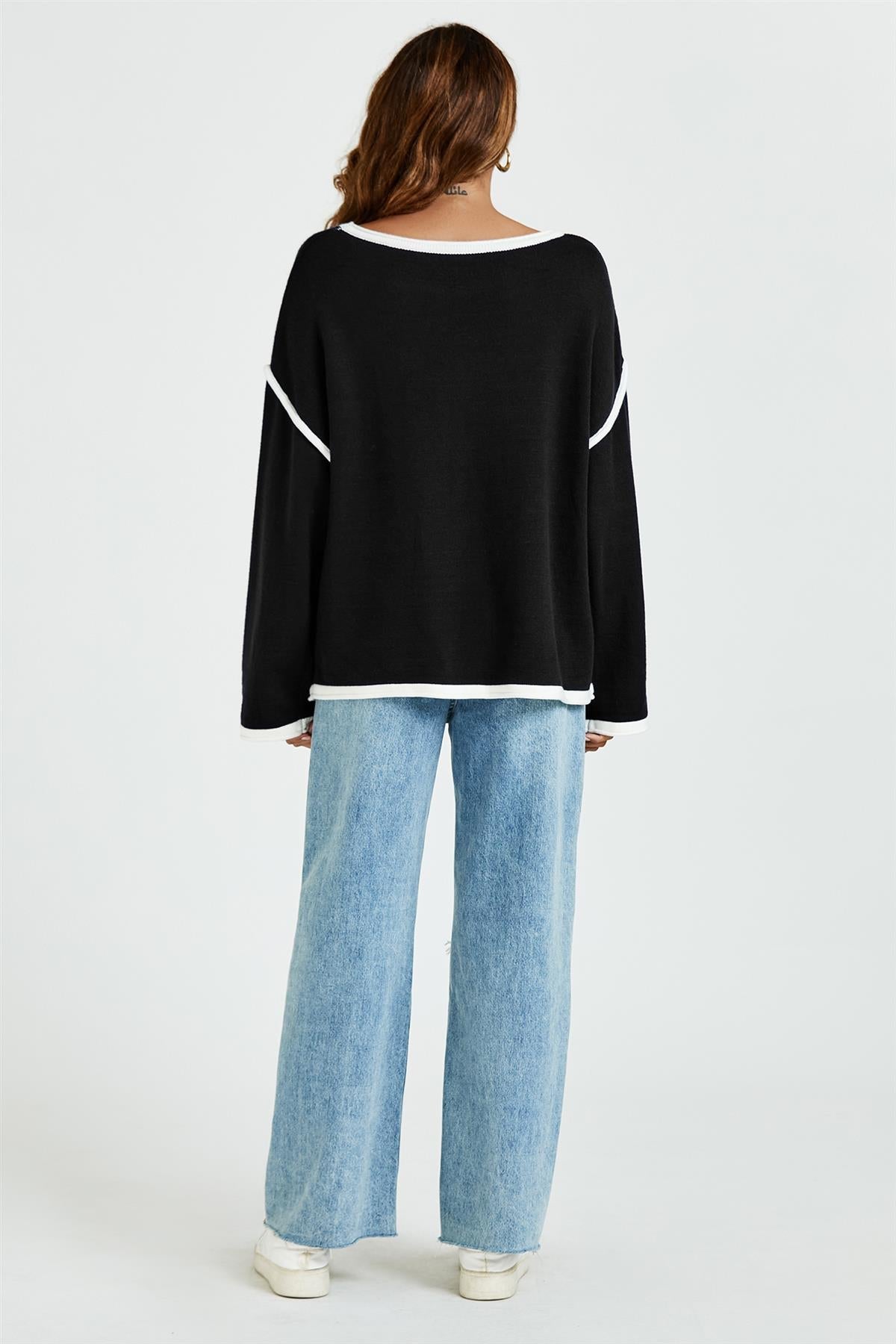 White Striped Oversized Jumper Top In Black - AXON