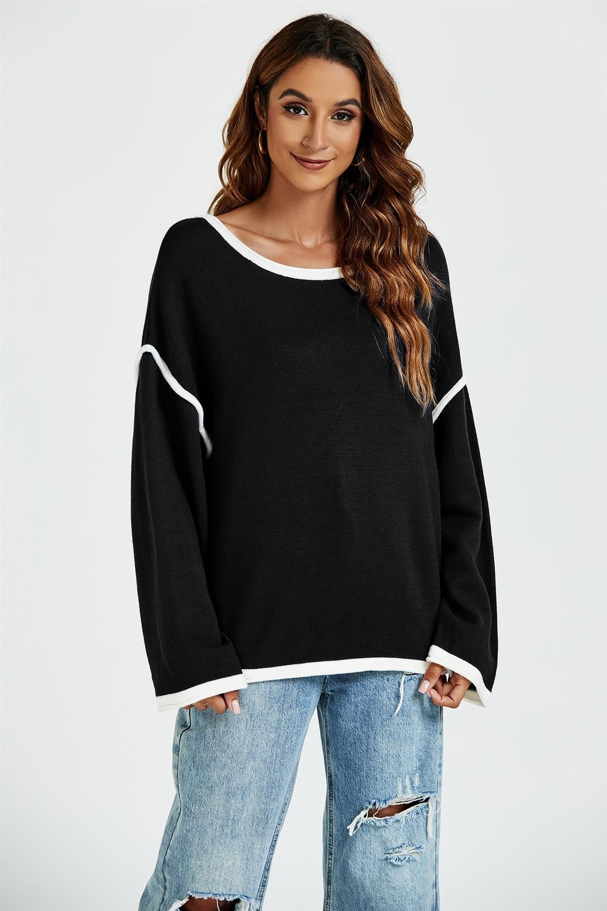 White Striped Oversized Jumper Top In Black - AXON