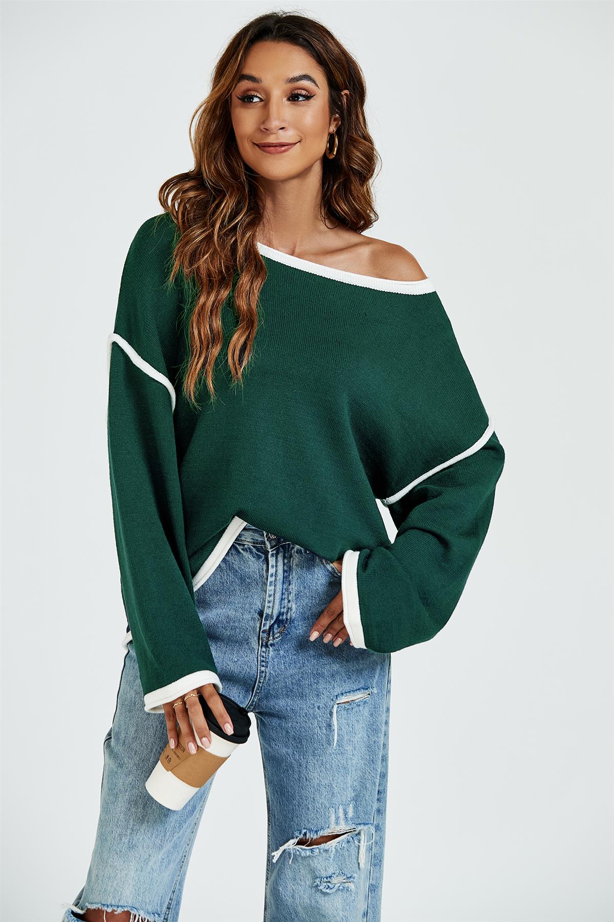White Striped Oversized Jumper Top In Dark Green - AXON