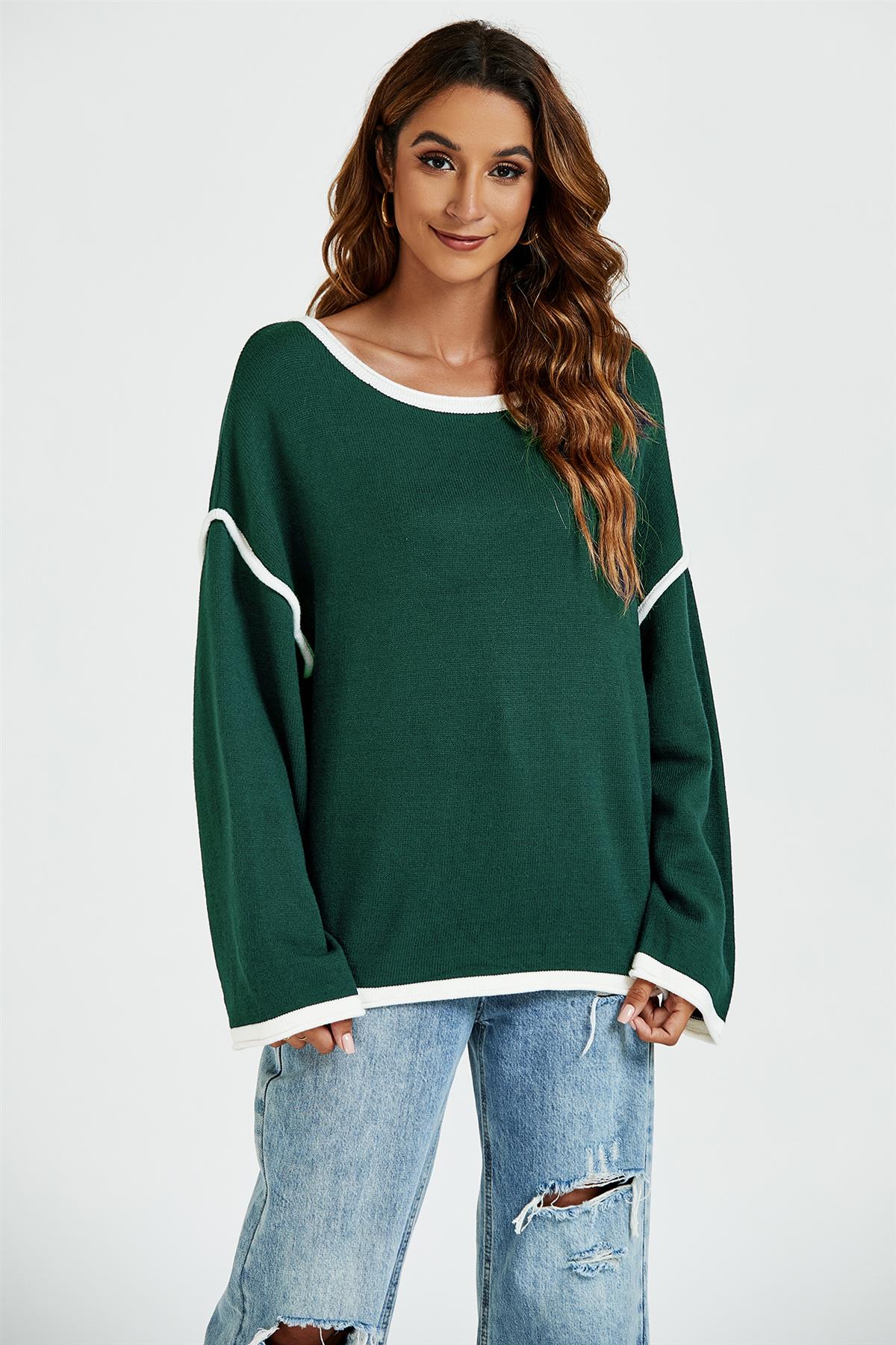 White Striped Oversized Jumper Top In Dark Green - AXON