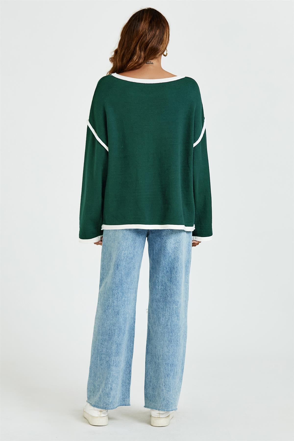 White Striped Oversized Jumper Top In Dark Green - AXON