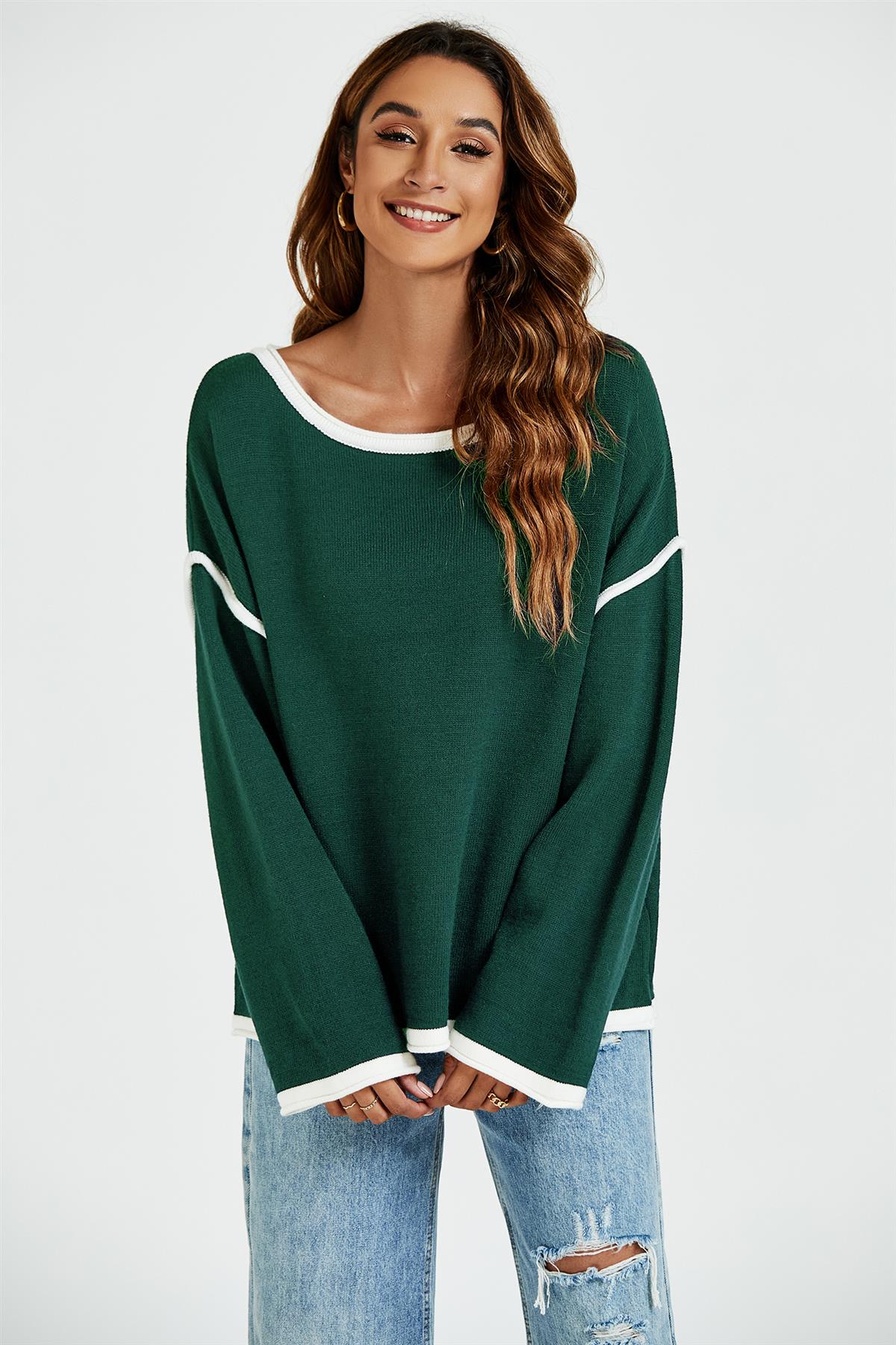 White Striped Oversized Jumper Top In Dark Green - AXON