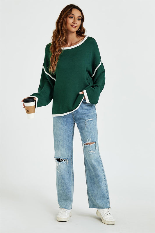 White Striped Oversized Jumper Top In Dark Green - AXON