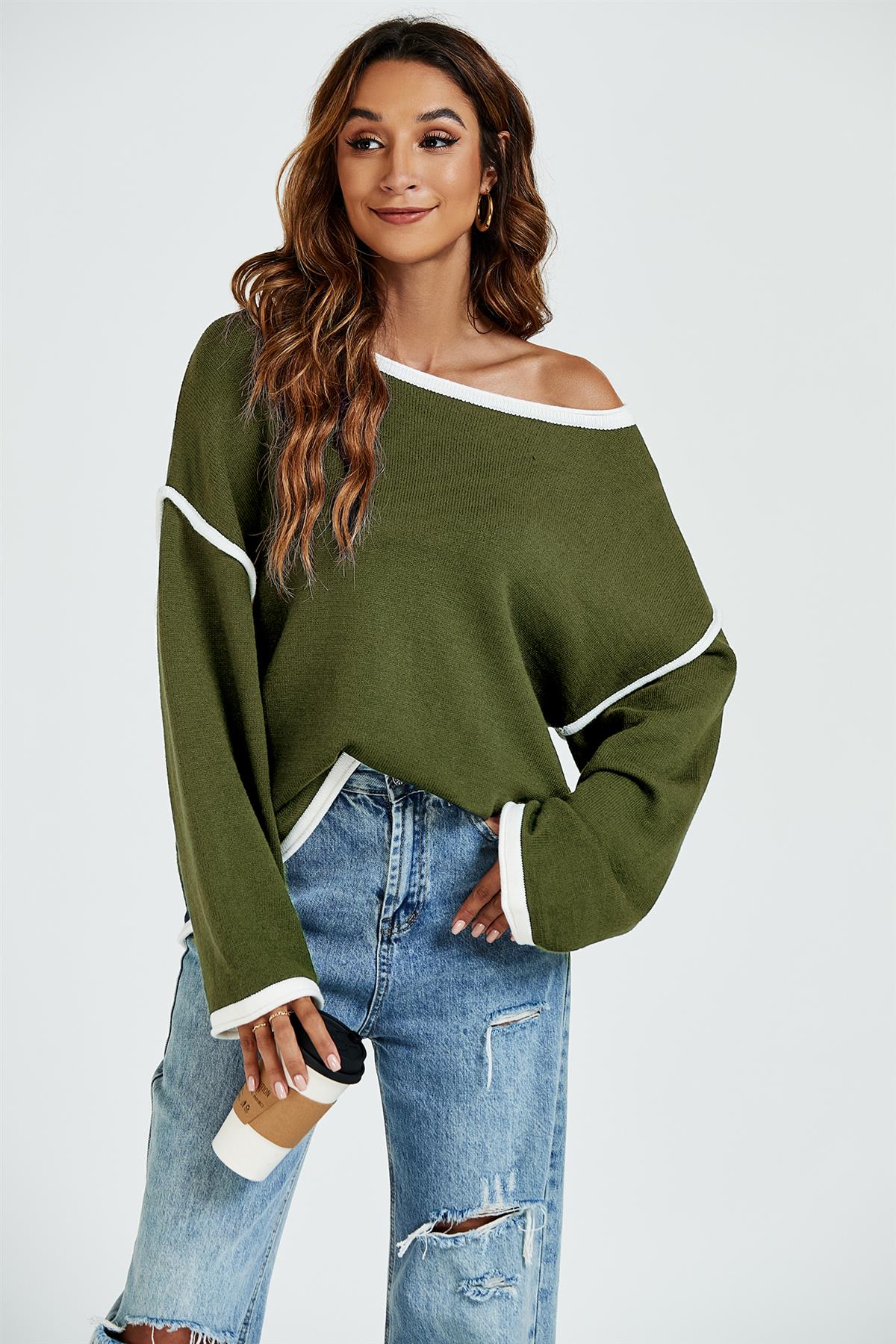 White Striped Oversized Jumper Top In Khaki Green - AXON