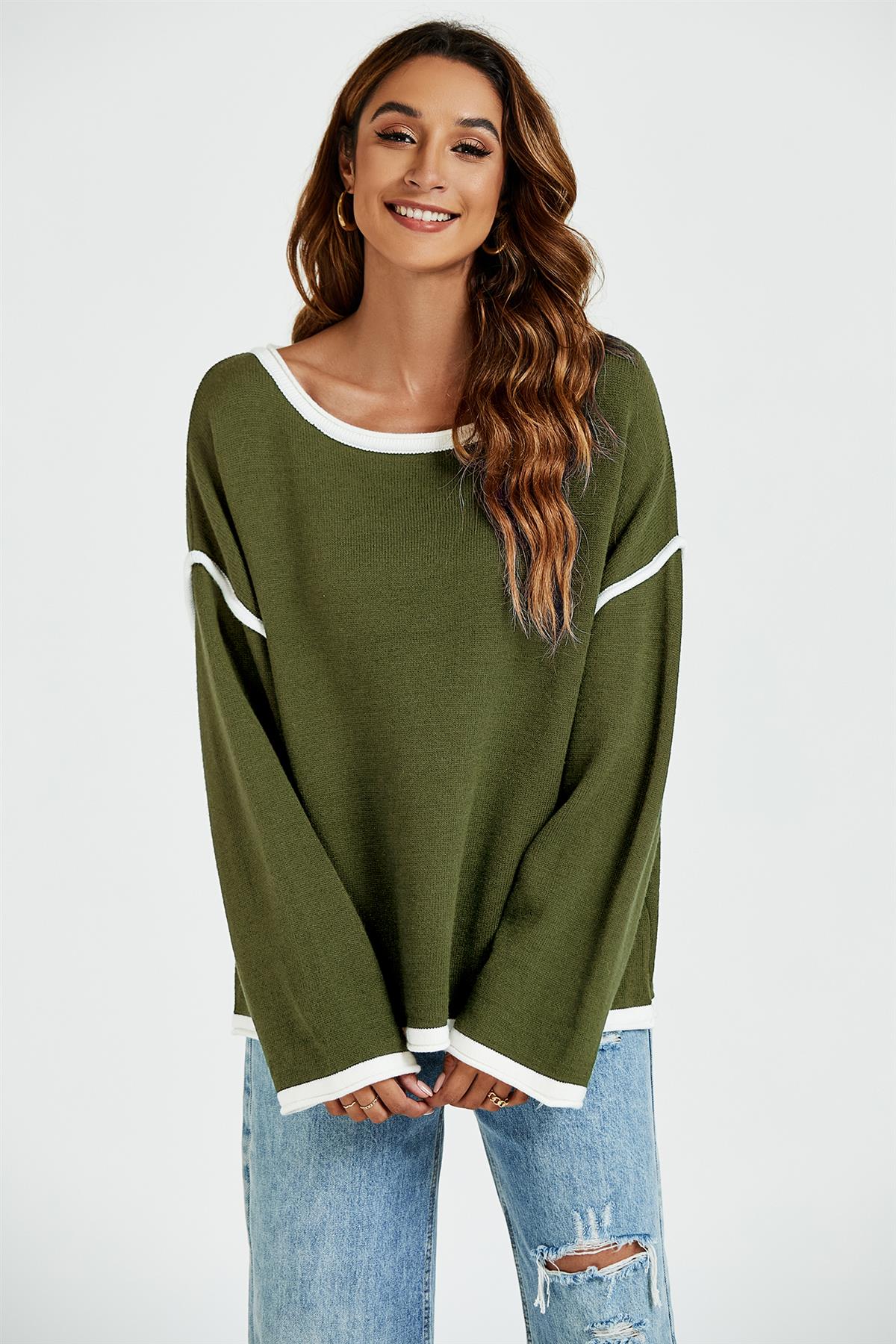 White Striped Oversized Jumper Top In Khaki Green - AXON