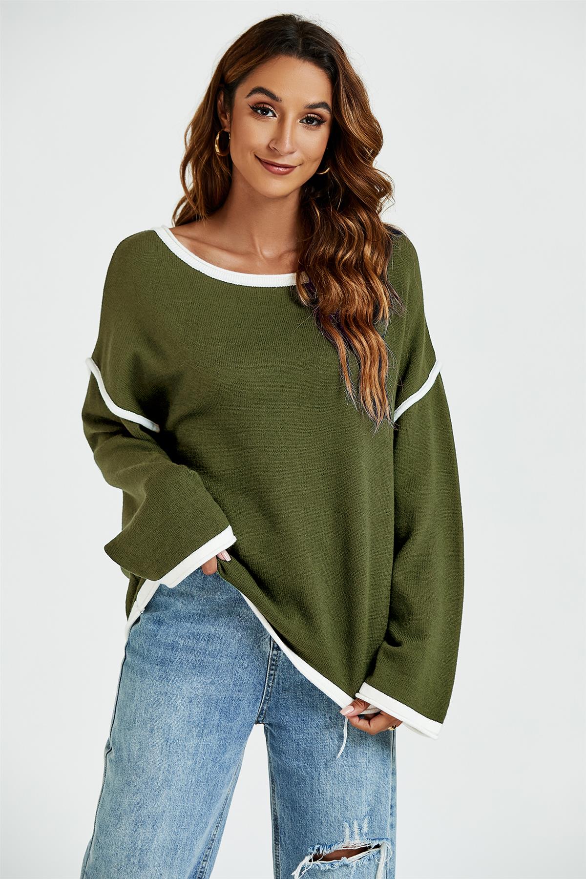White Striped Oversized Jumper Top In Khaki Green - AXON