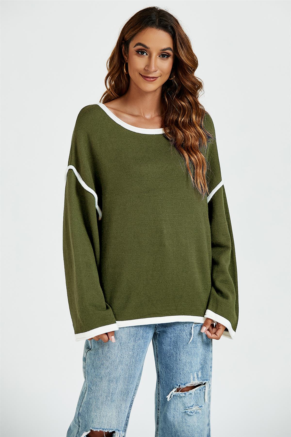 White Striped Oversized Jumper Top In Khaki Green - AXON