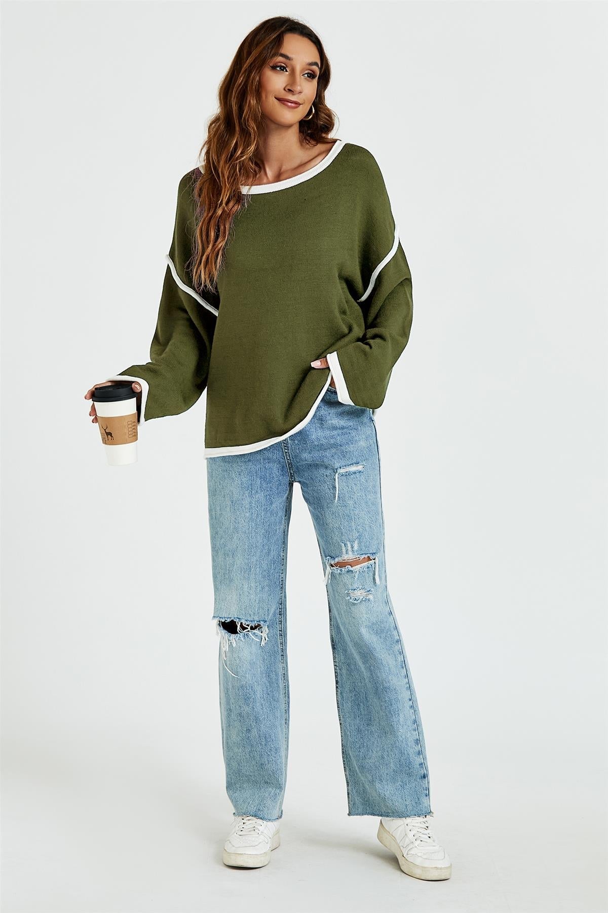 White Striped Oversized Jumper Top In Khaki Green - AXON