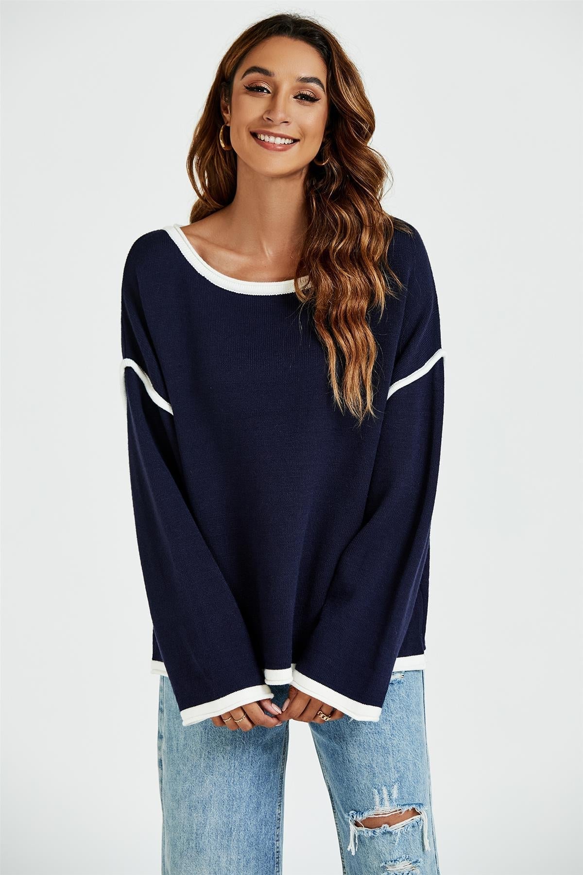 White Striped Oversized Jumper Top In Navy - AXON