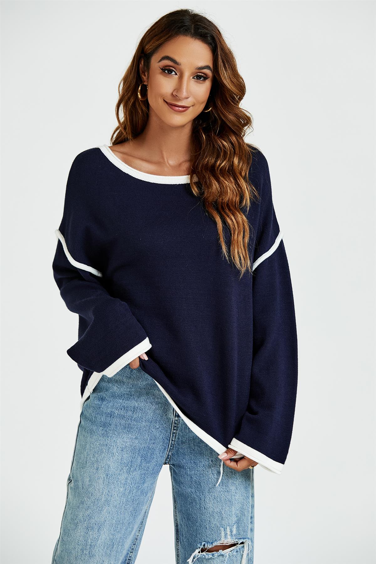 White Striped Oversized Jumper Top In Navy - AXON
