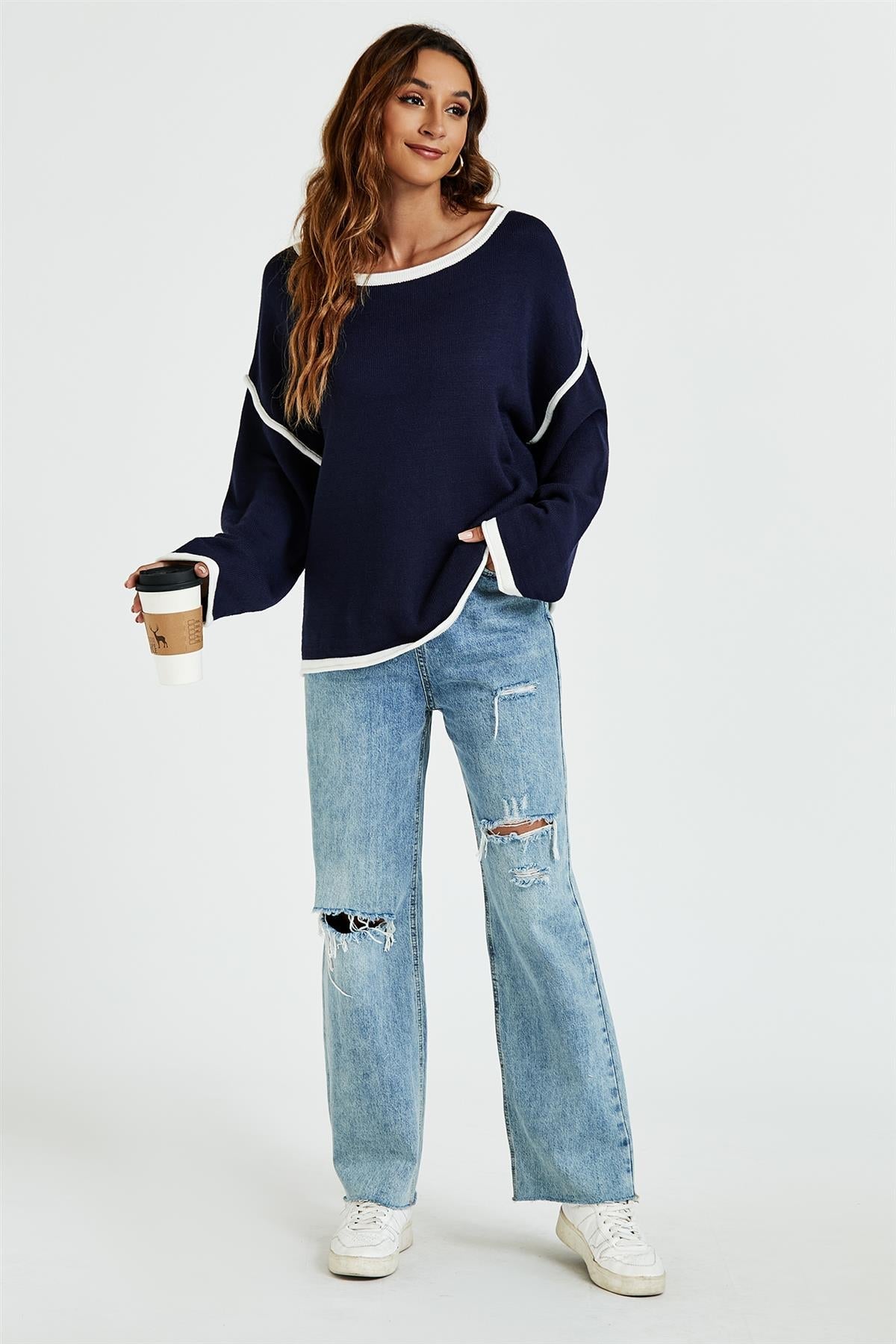 White Striped Oversized Jumper Top In Navy - AXON