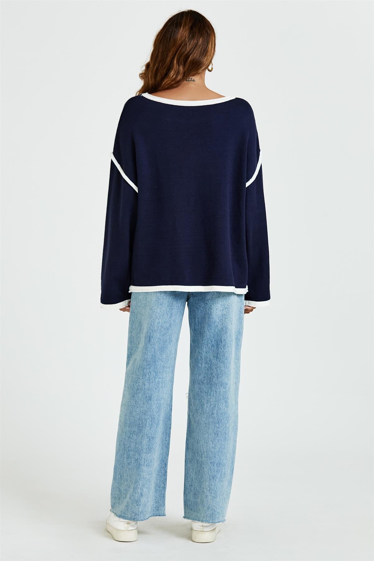 White Striped Oversized Jumper Top In Navy - AXON