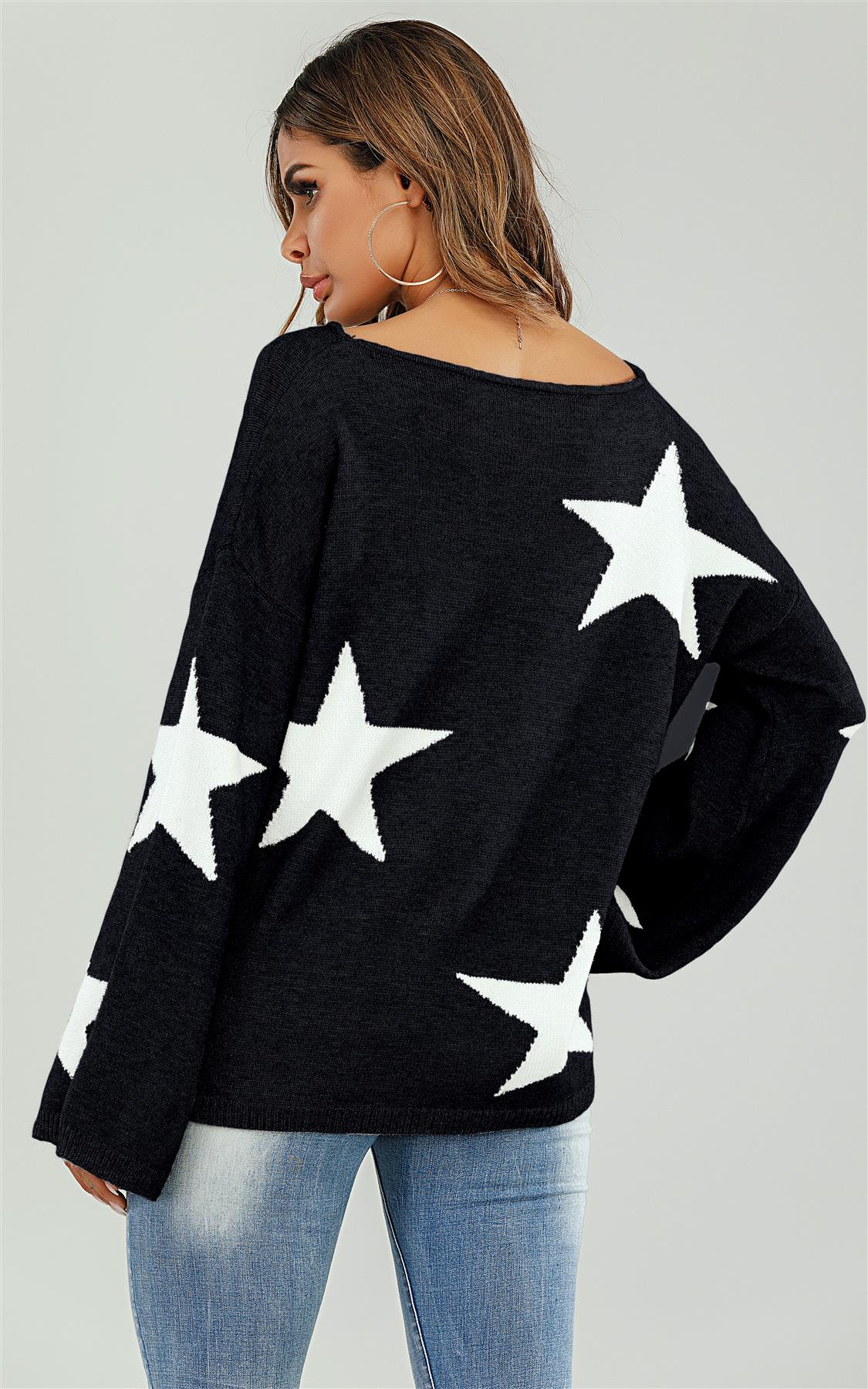 Wide Sleeve Oversize Black Jumper With White Star - AXON