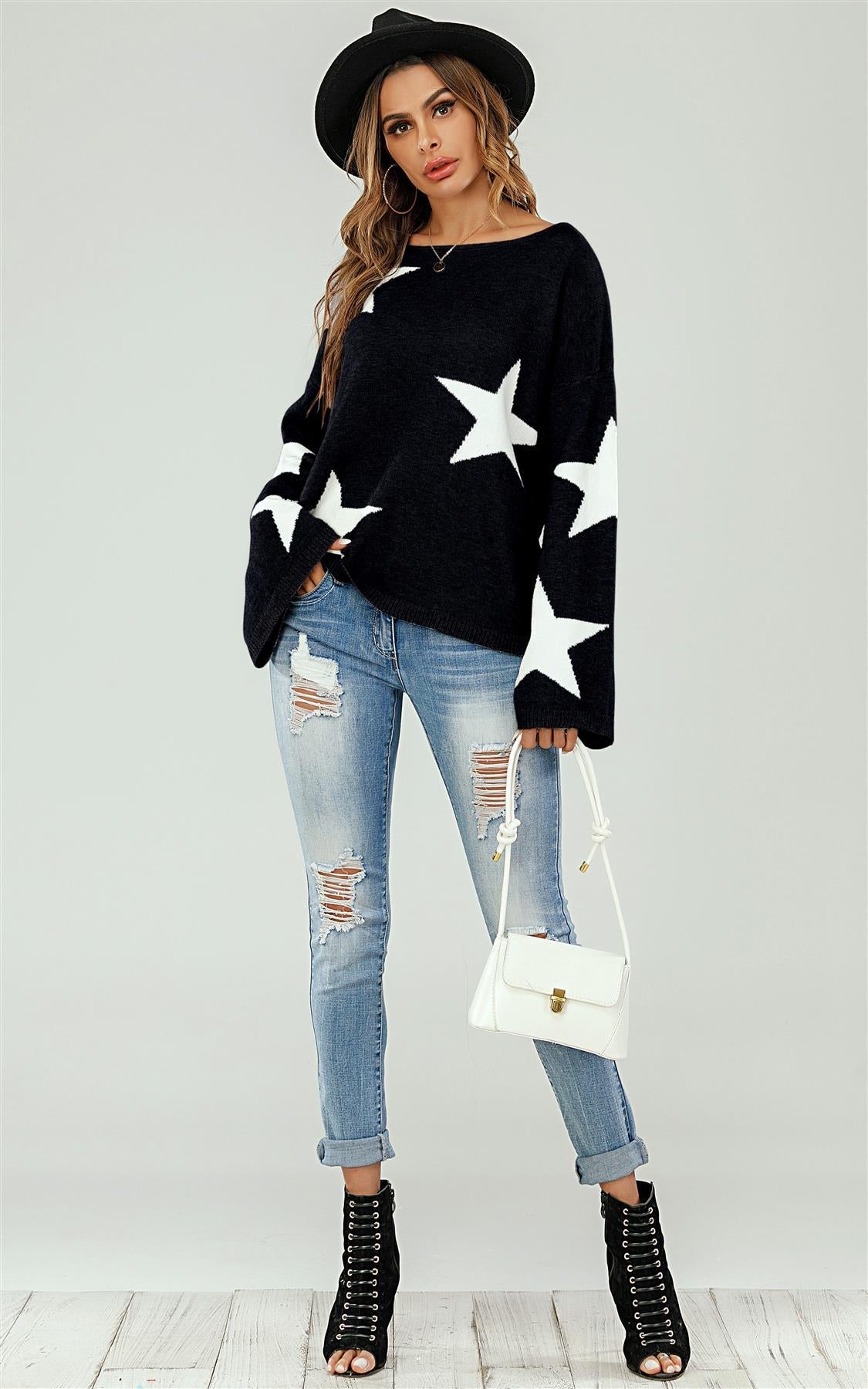 Wide Sleeve Oversize Black Jumper With White Star - AXON