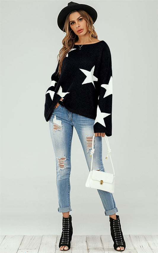 Wide Sleeve Oversize Black Jumper With White Star - AXON